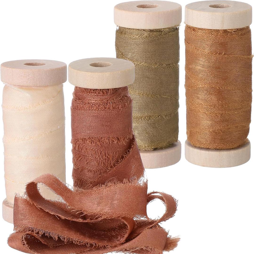 Mindsoft Frayed Chiffon Ribbon for Craft, Christmas Silk Satin Ribbons 1/2-1/4 Inch x 20 Yard Handmade Fabric Strips with Wooden Spool for Wedding Gift Wrapping(Orange Assorted)