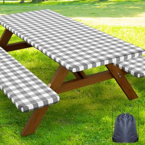 Smiry Picnic Table Cover with Bench Covers, Waterproof Elastic Fitted Tablecloths for 6 Foot Rectangle Tables, Washable Buffalo Plaid Tablecloth for Camping, Outdoor (Grey & White, 30"x72")