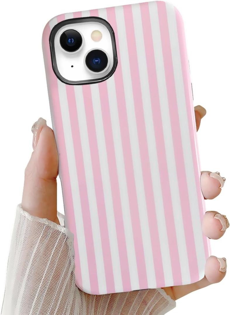 Striped Case for iPhone 15, Cute Phone Case, Aesthetic Pattern Design, Hybrid 2-Layer Shockproof Protective Cover for Girls Women (Pink,15)