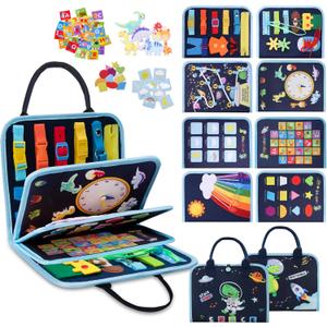 GONINO Toddler Busy Board Montessori Toys for 1-3 Year Old, Dinosaur Space Busy Book with 23 Activities for Learning Fine Motor Skills, Sensory Travel Toys for Airplane Car, Gifts for Boys Girls, Blue