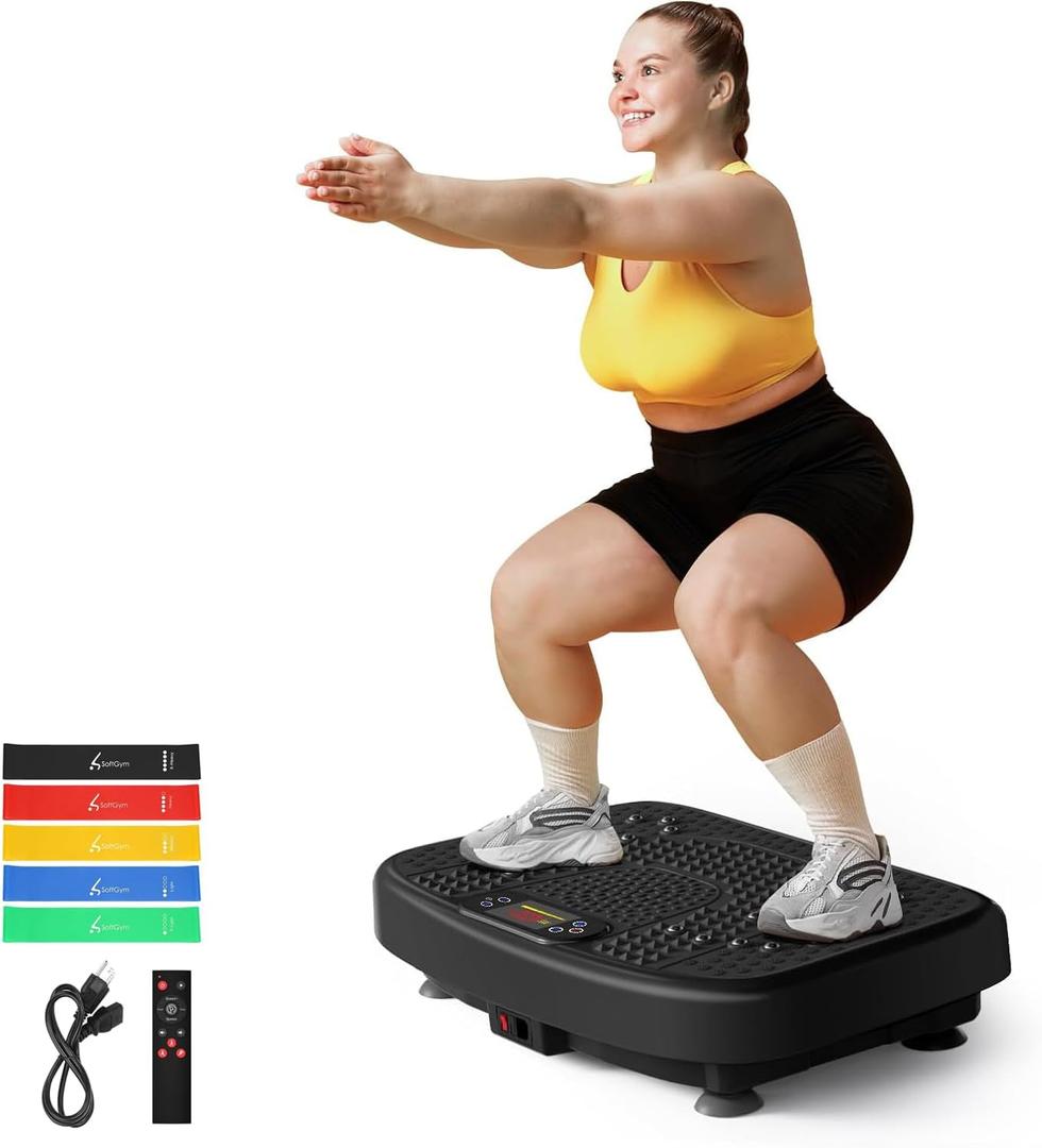 SoftGym Vibration Plate Exercise Machine for Lymphatic Drainage,Power Vibrate Stand Shake Board 450 Lbs Capacity Whole Body Workout Waver with Fitness Resistance Bands Weight Loss Gifts for Women Men
