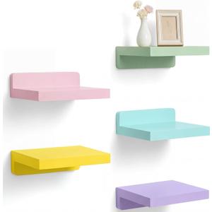 Novabright 5 Pack Small Floating Shelves Mini Shelves Hanging Display 5 Inch Wood Wall Shelf for Plant Bathroom Livingroom Bedroom with 2 Types of Installation Nursery Decor (Macaron)