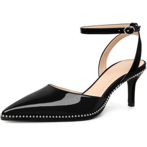 SAMMITOP Kitten Heels for Women Low Heel Closed Toe Ankle Strap Pumps Wedding Party Beaded Dress Shoes 2.4 Inch (Black, 9.5)