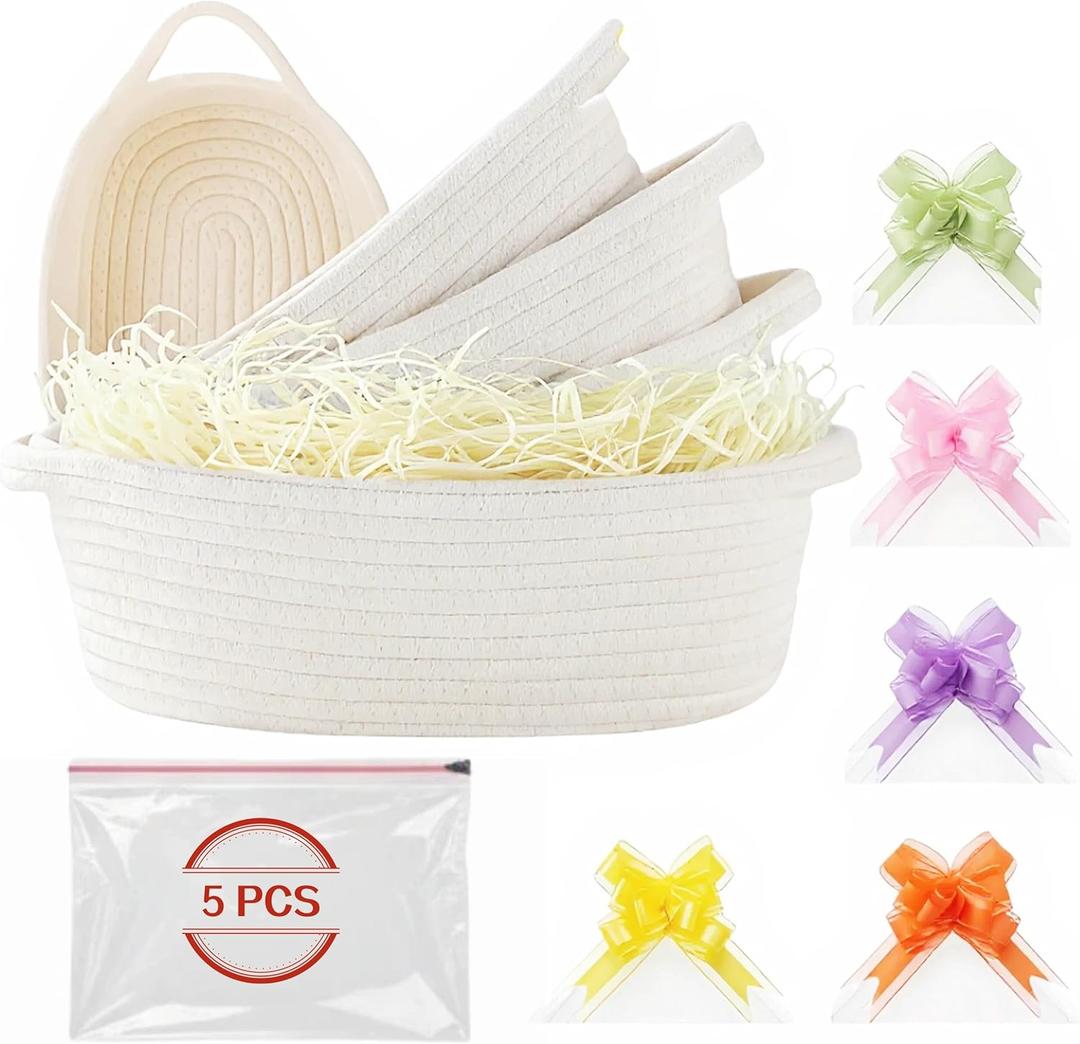 5 Pack Easter Gift Basket Kit with Bags and Ribbons - Small neutral beige color Cotton Rope Baskets - DIY Easter Egg Hunt Buckets & Decorative Mini Storage Bins for Wedding, Party Favors