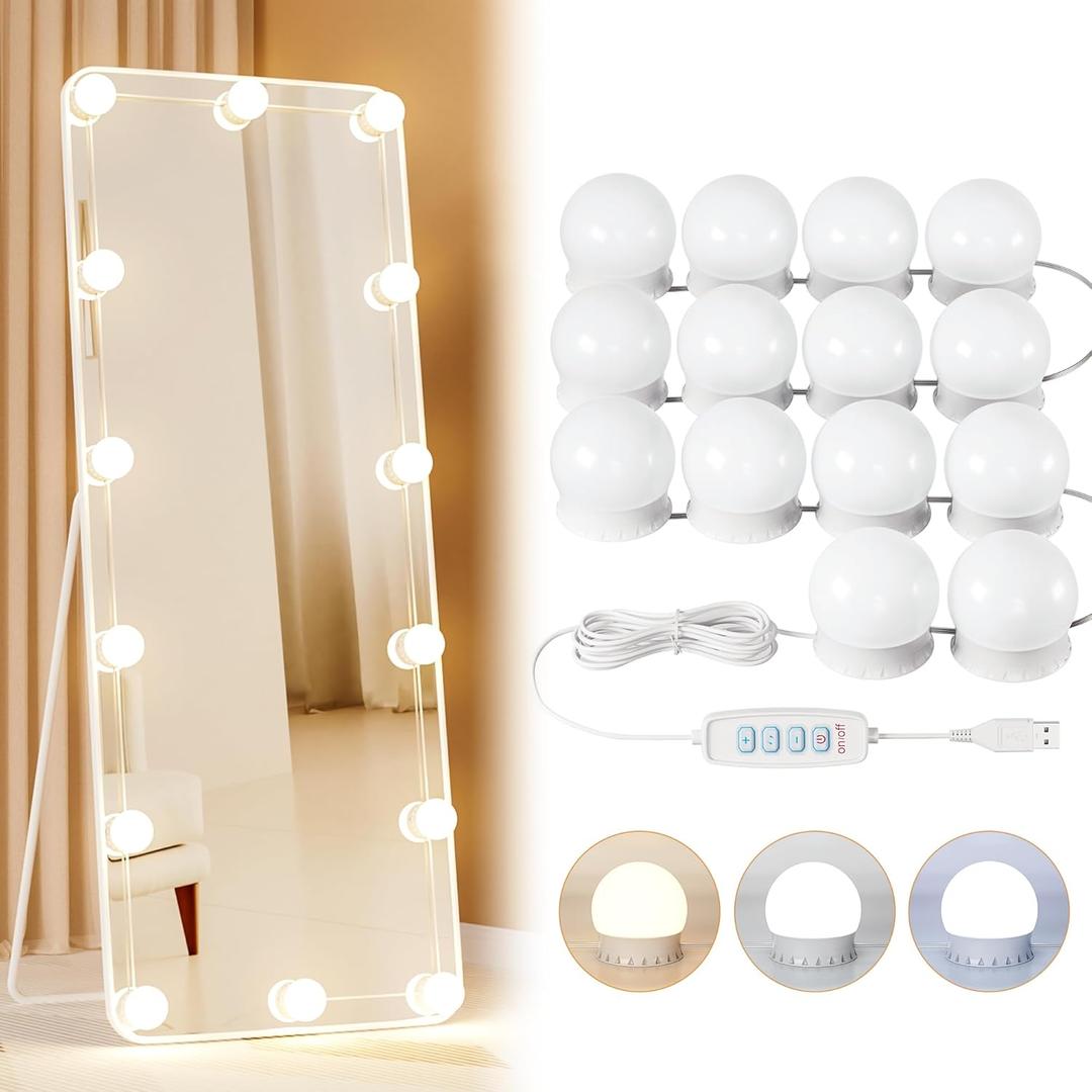 Yarnock 14 Bulbs LED Vanity Lights for Mirror, 3000K 4000K 6500K & 10-Brightness, Wire Length Adjustable, USB Cable, Hollywood Mirror Lights for Makeup Dressing Room Bathroom, White