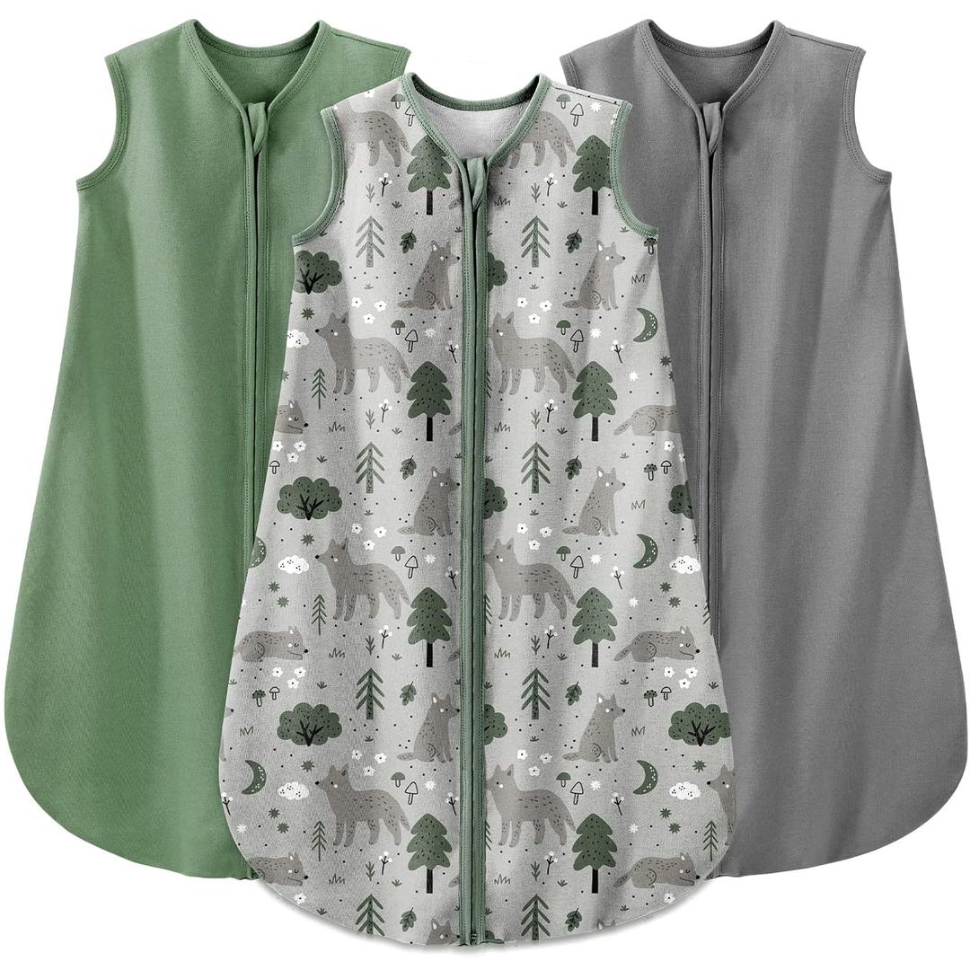 Yoofoss Baby Sleep Sack 12-18 Months Baby Wearable Blanket 100% Organic Cotton 2-Way Zipper Toddler Sleeping Sack, Lightweight Sleep Sacks for Babies (Large, Green&fox&gray)