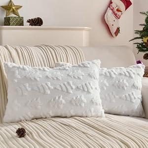 HAUSSY Christmas Throw Pillow Covers 12x20 Set of 2, Decorative Tree Lumbar Pillow Cases, Soft Faux Fur Winter Cushion Case for Xmas Home Decor, Couch Bed, Living Room, White