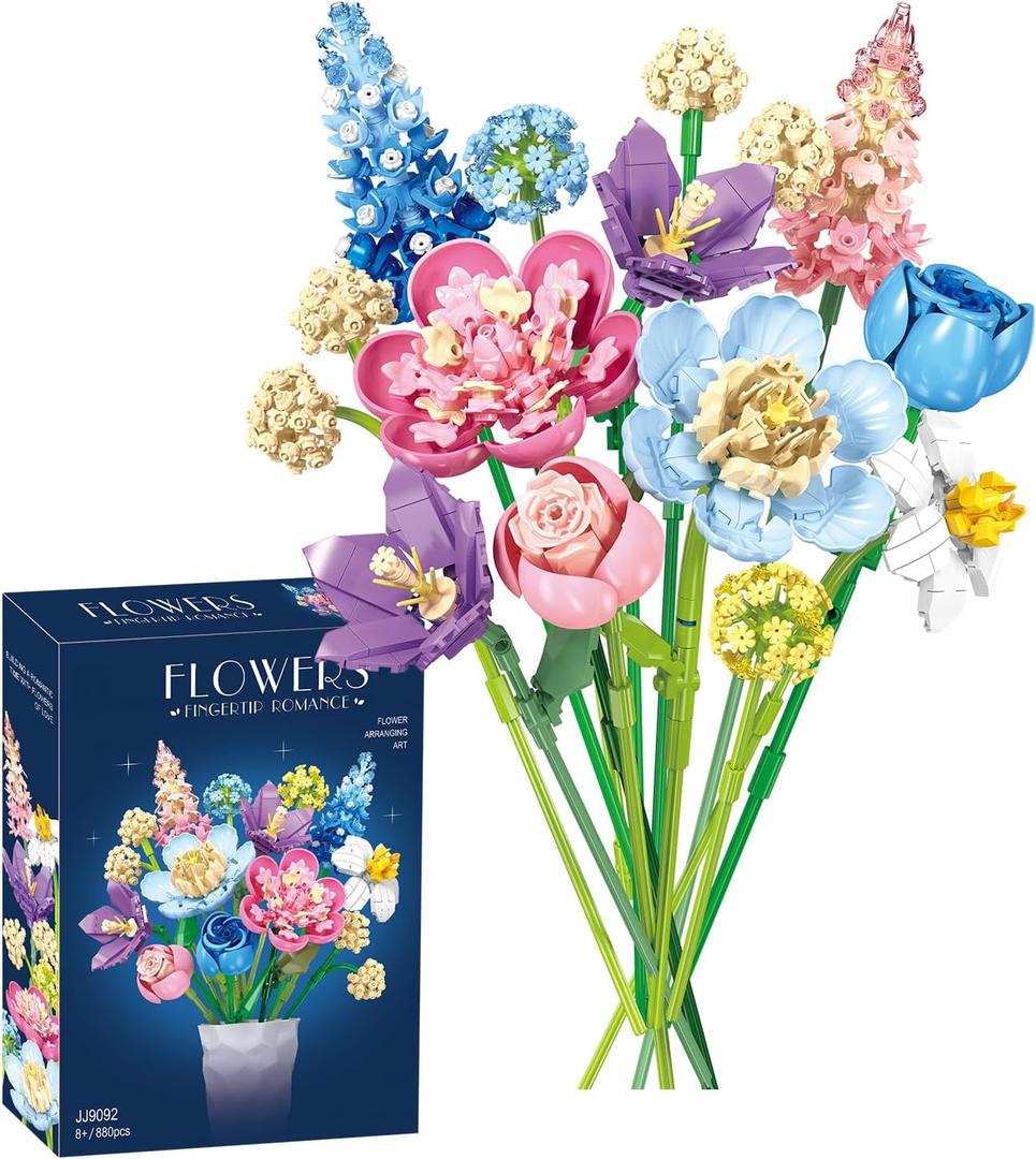 Flower Bouquet Building Decoration 3D Puzzles Set - Artificial Flowers with Roses, Botanical Collection and Table Art for Adults, Unique Gift for Men Women Hobbies for Birthday Christmas