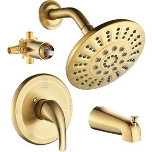 Shower Tub Faucet Sets Complete with Diverter, 5 Spray Settings, 6-Inch Bathtub Waterfall Handle Combo, 2.5 GPM High-Pressure Rain Shower Head System, Brushed Gold