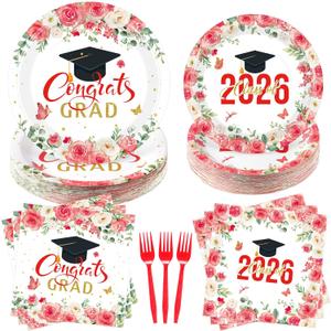 Dispowreath 250 Pcs Red Floral Graduation Plates and Napkins Set 2026, Class of 2026 Red Gold White Congrats Grad Disposable Tableware for 50, Wildflower Freshly Graduated Decorations Party Supply