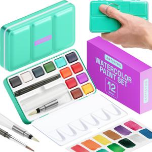 ARTISTRO Watercolor Paint Set in 12 Colors - Travel Watercolor Set with Metal Case & Bright Watercolors - Portable Set for Beginners & Amateur Artists (Multicolor)