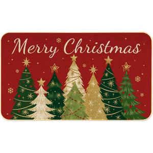Merry Christmas Door Mat Red and Gold Xmas Tree Doormat Outdoor/Indoor Entrance Non-Slip Welcome Mat Winter Home Decor 17x29 Inch