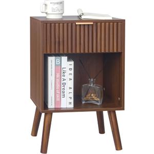 Fultyle Walnut Nightstand, Modern Night Stand with Fluted Drawer and Opening Storage, Wooden Bedside Table with Solid Wood Legs for Bedroom, Living Room, Office (Walnut Brown)