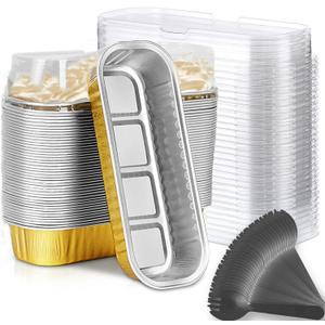 Mini Loaf Baking Pans with Lids and Spoons (50 Pack, 6.8oz) Rectangle Aluminum Foil Baking Pans Tins Containers - Cupcake Containers Wrappers Cheesecake Creme Brulee Ramekins (Gold)
