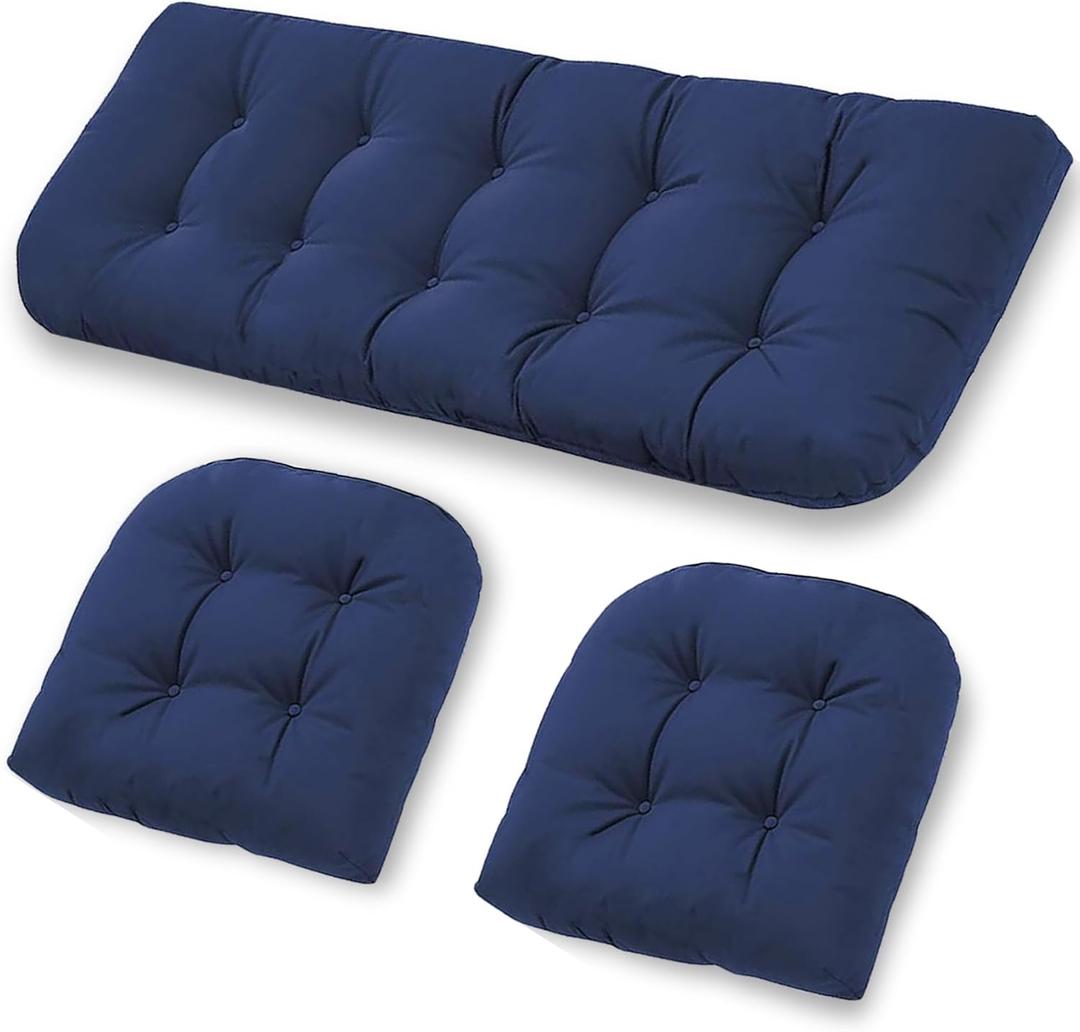 Wicker Furniture Cushions Set, Waterproof Patio Cushions for Outdoor Chairs 3 Pieces, 1 Loveseat & 2 Seat Pads Thick Outdoor Replacement Cushions for Porch Lawn Bench Couch Sofa, Navy Blue