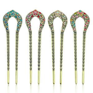 4 Pieces French Hair Pins, Metal U Shaped Hairpins, Vintage Double Prong Hair Forks Stick with Rhinestone Crystal, French Long Hair Hairstyle Accessories for Women