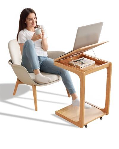 KASLANDI C Shaped Table for Couch, C Table with Wheels,Wooden Couch Table Adjustable Desktop for Living Room,Bedroom - Natural Color