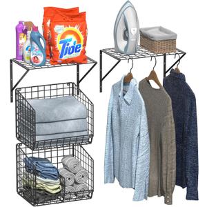 2 Pack Laundry Room Shelves with Wire Baskets, Over the Washer and Dryer Shelf, Wall Mounted Storage and Clothes Drying Rack, Wire Shelves Baskets for Laundry Closet Organization and Storage-Black