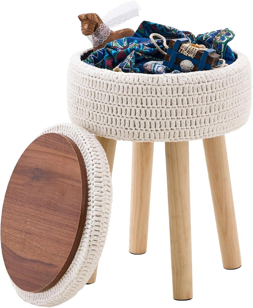 Wimarsbon Pouf Ottoman, 100% Cotton Knitted Boho Footstool, Round Footrest with Non-Skid Wood Legs, Home Dcor Handmade Pouffe, Leisure Floor Step Stool for Living Room (High Storage Beige)