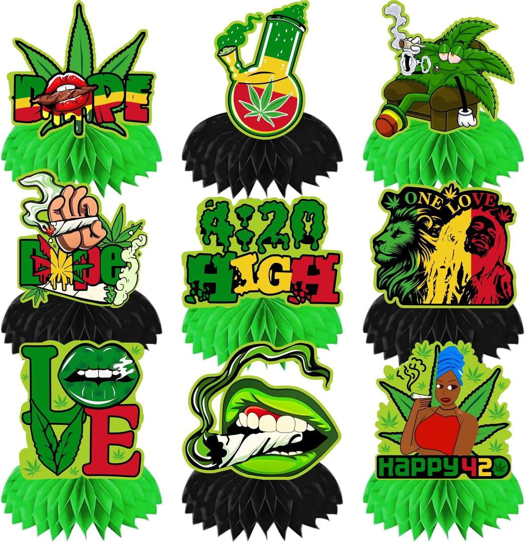 9Pcs Party Decorations Honeycomb Centerpieces, Green Leaves Party Decorations Table Decorations 3D Double Sided Table Topper for Birthday Party Decor