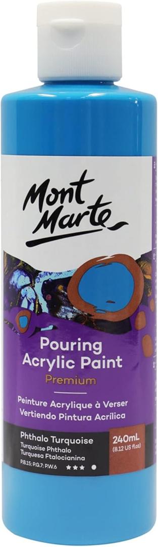 2 x Mont Marte Premium Pouring Acrylic Paint, 240ml (8.11oz), Phthalo Turquoise, Pre-Mixed Acrylic Paint, Suitable for a Variety of Surfaces Including Stretched Canvas, Wood, MDF and Air Drying Clay.