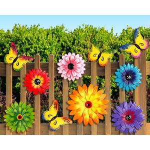 Gisafai 10 Pcs Metal Flowers Butterfly Wall Art Decor 6 Pcs Metal Daisy Flower Decoration Hanging Sculpture 4pcs 3D Wall Art Gift for Christmas Outside Outdoor Backyard Garden Lawn Balcony(Fashion)