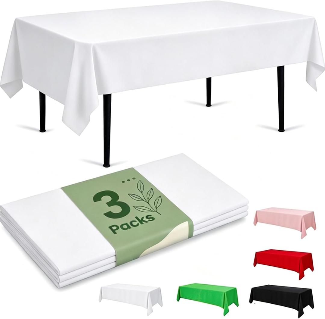 Docoper Plastic Table Cloth Disposable 3 Pack 54x108 Inch White Table Cover | Rectangular Table Cloth Leakproof Party Tablecloth Disposable Decorative for Weddings Picnic Shower Birthday Wedding BBQ, 54" X 108" Rectangle