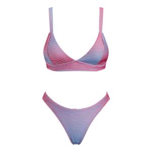VOLAFA Women's Triangle Bikini Set Textured V Neck Plunging Push Up Cheeky Two Piece Swimsuit Bathing Suit (Medium, Pink Blue) (M)