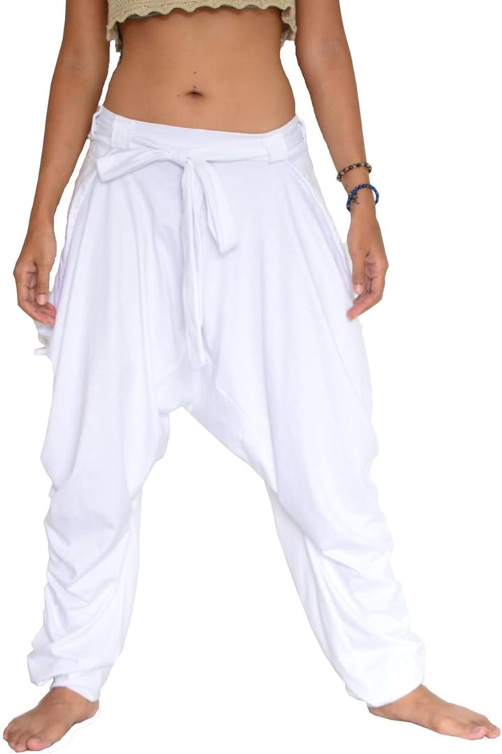 Sakoonee Women Men Harem Pants Palazzo Dhoti Style 2 Pockets Cotton (White), One Size
