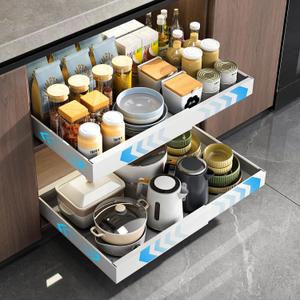 Mustorn 2 Pack Pull Out Cabinet Organizer, Expandable Slide Out Drawers for Kitchen Cabinets Peel and Stick Pullout Drawer Heavy Duty Sliding Shelves for Cupboard, Pantry, Bathroom(16.5" Deep, White)