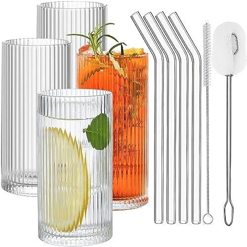 Glass Cups with Straws, 12 OZ Ribbed Glassware Drinking Glasses Set of 4, Fluted Iced Coffee Cups, Origami Style Ridged Tumbler for Coocktail, Whiskey, Beer - 2 Brush