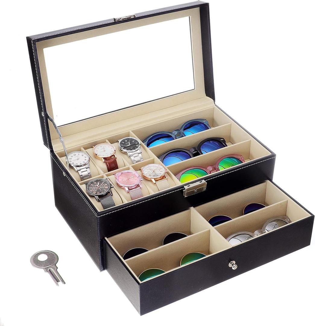 Leather Watch Box and Sunglass Glasses Case Organizer and Jewelry Display Drawer Lockable Case Organizer Black