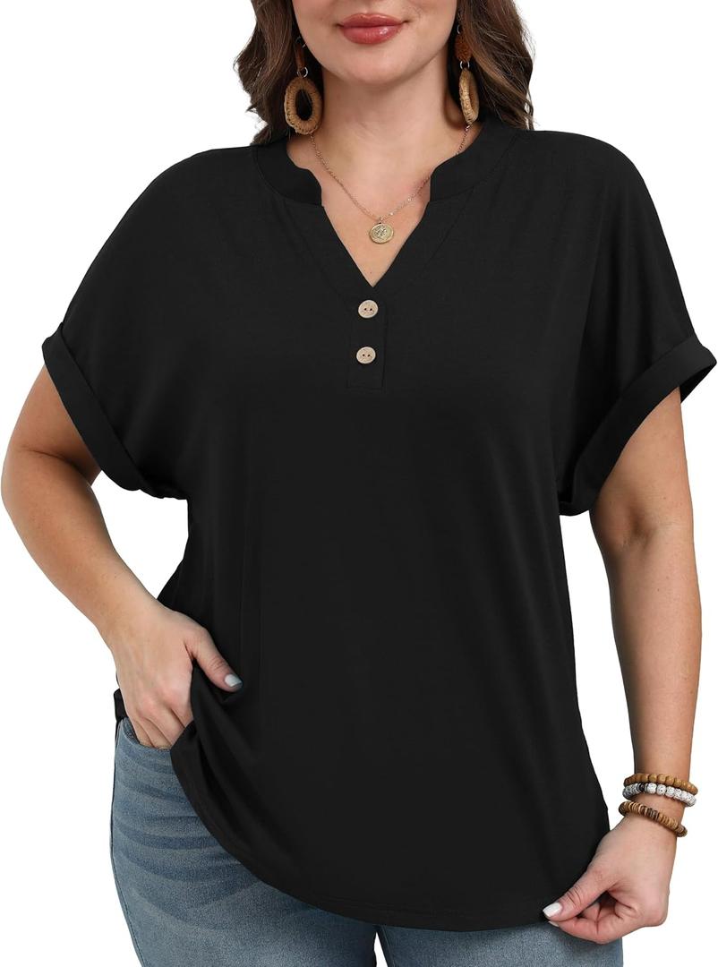 OLRIK Womens Plus Size Tops Short Sleeve Henley Tops V Neck Dressy Casual Blouses Summer Vacation Fashion Shirts 2026 (Black, XXL)