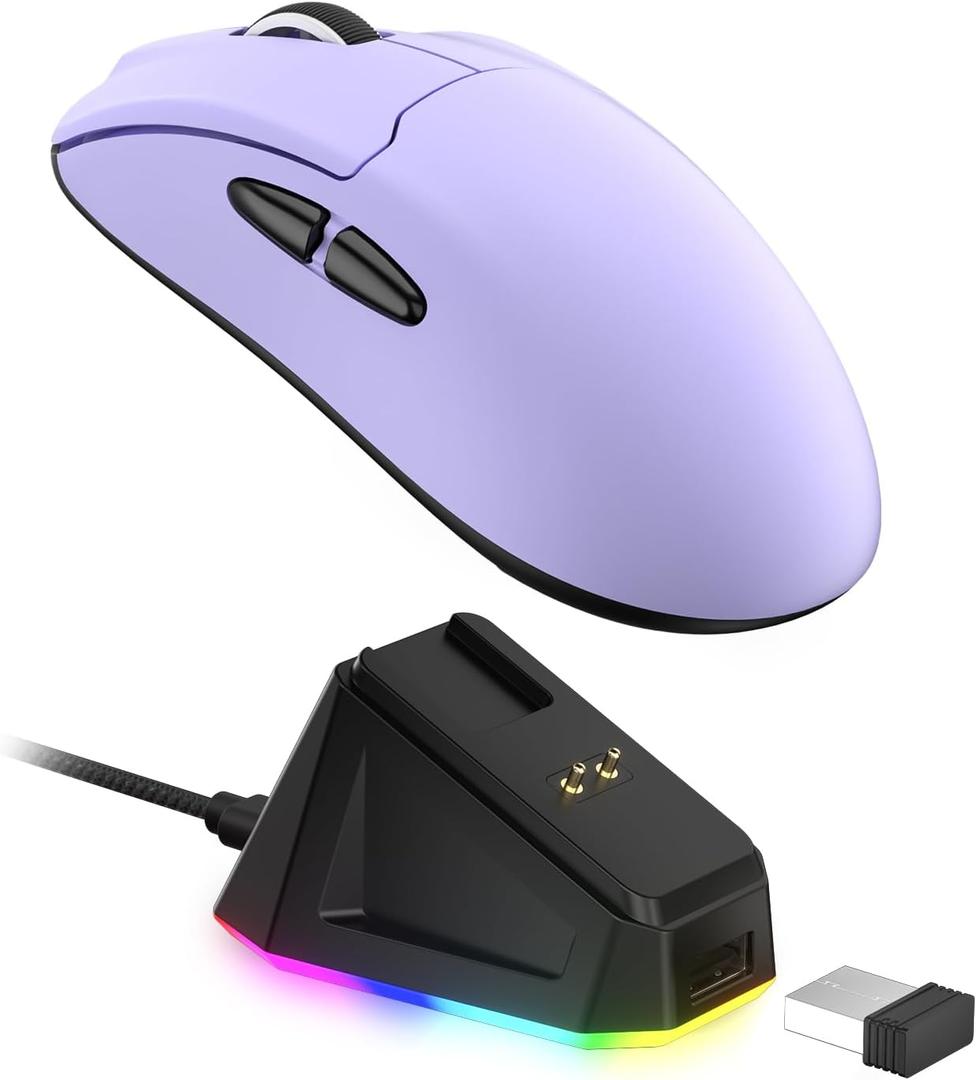 LTC GM022 Ultralight 3-Mode Wireless Gaming Mouse with RGB Charging Dock, PAW3395 26K DPI Sensor, 55G Lightweight Ergonomic Bluetooth Gaming Mouse, 5 Programmable Buttons, 80 Million Click Switch