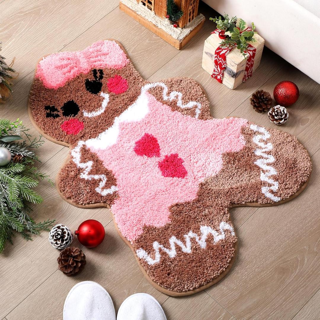 Tinideya Pink Gingerbread Men Bath Mat Christmas Bath Rug Cute Non-Slip Absorbent Mat for Bathroom Floor Tub Decor Gingerbread Microfiber Rug Christmas Bathroom Decoration