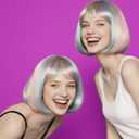 Colorful Bob Blonde Wig With Bangs  Short Wigs with Adjustable Straps, Straight Synthetic Fiber Bob Wig for Women Megan Mg3an 2.0 AI Doll Look Cosplay Halloween Costume Party