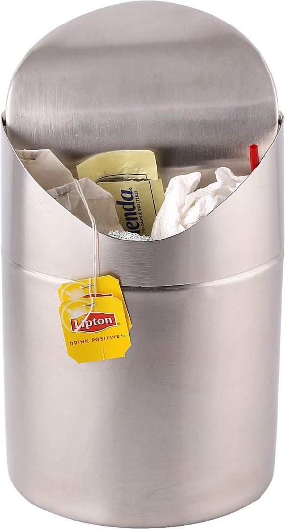 Estilo Mini Countertop Trash Can | Brushed Stainless Steel, Swing Top Lid Trash Bin, Silver 1.5 L / 0.40 Gallon | Kitchen Countertop, Bedroom, Bathroom, Home Office, Desktop, Table Top Trash Can