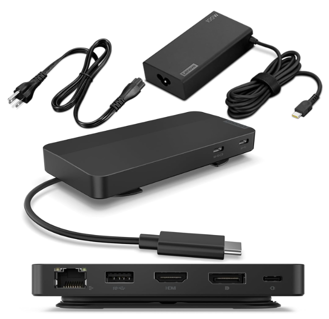 Lenovo USBC Dual Display Travel Dock w/ 100W Power Adapter  7 Ports, Integrated USBC Cable, Universal Compatibility, Dual Displays at 4K  Black