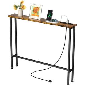 GRLEAF 39" Narrow Console Sofa Table with Built-in Power Strip (2 AC Outlets & 2 USB Ports) 4.9ft Power Cord, Metal Frame, Easy Assembly, Ideal for Behind Couch, Hallway, and Office | Rustic Brown