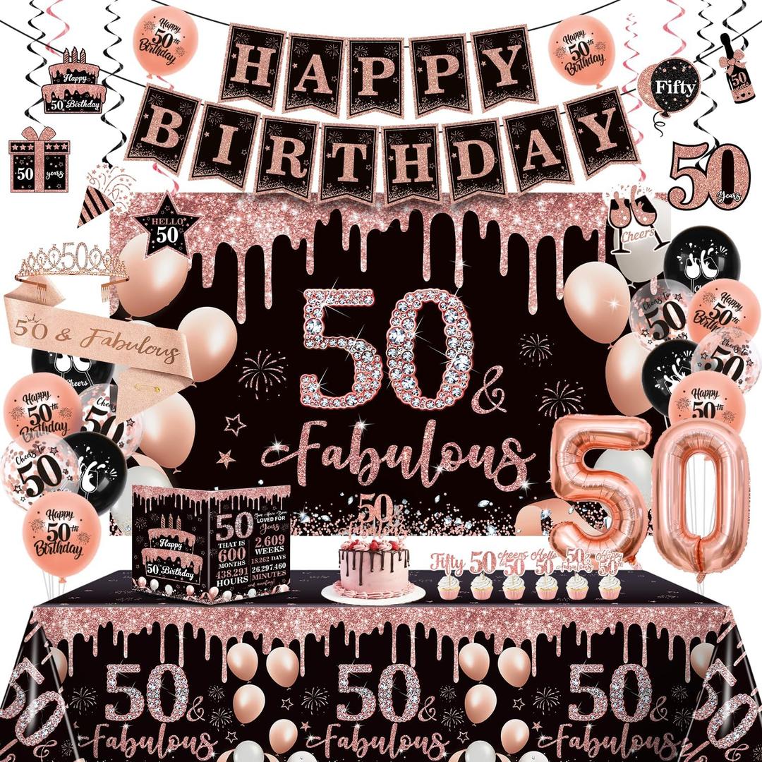 50th Birthday Party Decorations Kit, Happy 50th and Fabulous Birthday Decorations Set Crown and Sash,53Pcs Rose Gold and Black Gifts for Women 