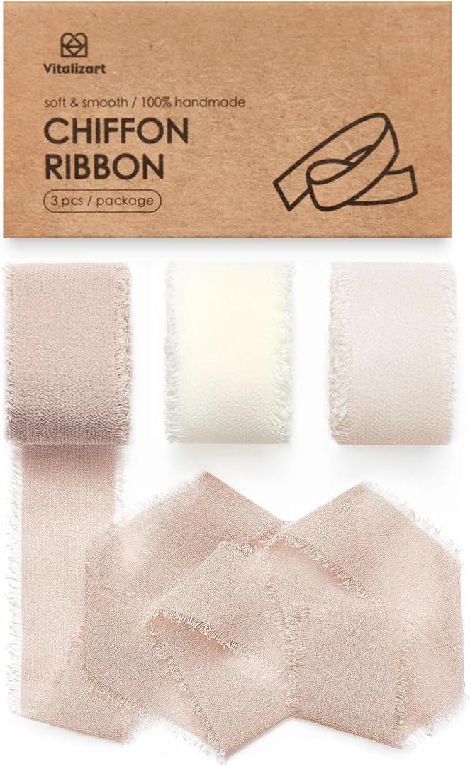 Vitalizart Brown Chiffon Silk Ribbon 1" x 21 Yd Fringe Fabric Package (3 Rolls * 7 Yd) for Wedding Invitations Bridal Bouquets Decorations Gifts Wrapping & Bow Making