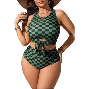 Verdusa Women's Plus Size Plaid Checkered Bikini Set Cut Out Bow Tie High Waisted Swimsuits (XX-Large Plus, Green)