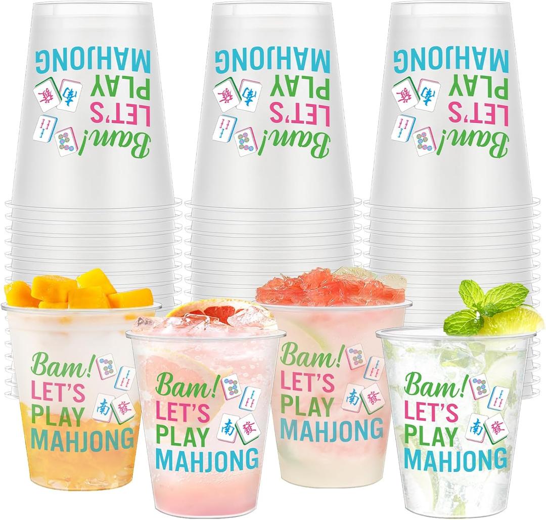 Meanplan 50 Pcs Mahjong Cups Plastic Reusable 12 oz Mah Jong Accessories Gifts and Party Supplies Drinking Cups for Women Game Night Family Play Day Theme Birthday Party Decorations(Mahjong)