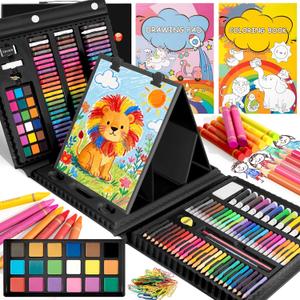 GOTIDEAL Kids Art Kit,Art Supplies for Kids,210 PCS Art Set with Double Sided Trifold Easel,Coloring Book, Crayons, Markers, Watercolor Pens, Arts & Crafts,Gift for 4-12 Year Old(Black)