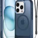 for iPhone 15 Pro Case with Screen Protector+Lanyard Wrist Strap,Magnetic Translucent Matte Rugged Slim Phone Cover Built in Invisible Kickstand [Fit for MagSafe],Navy Blue