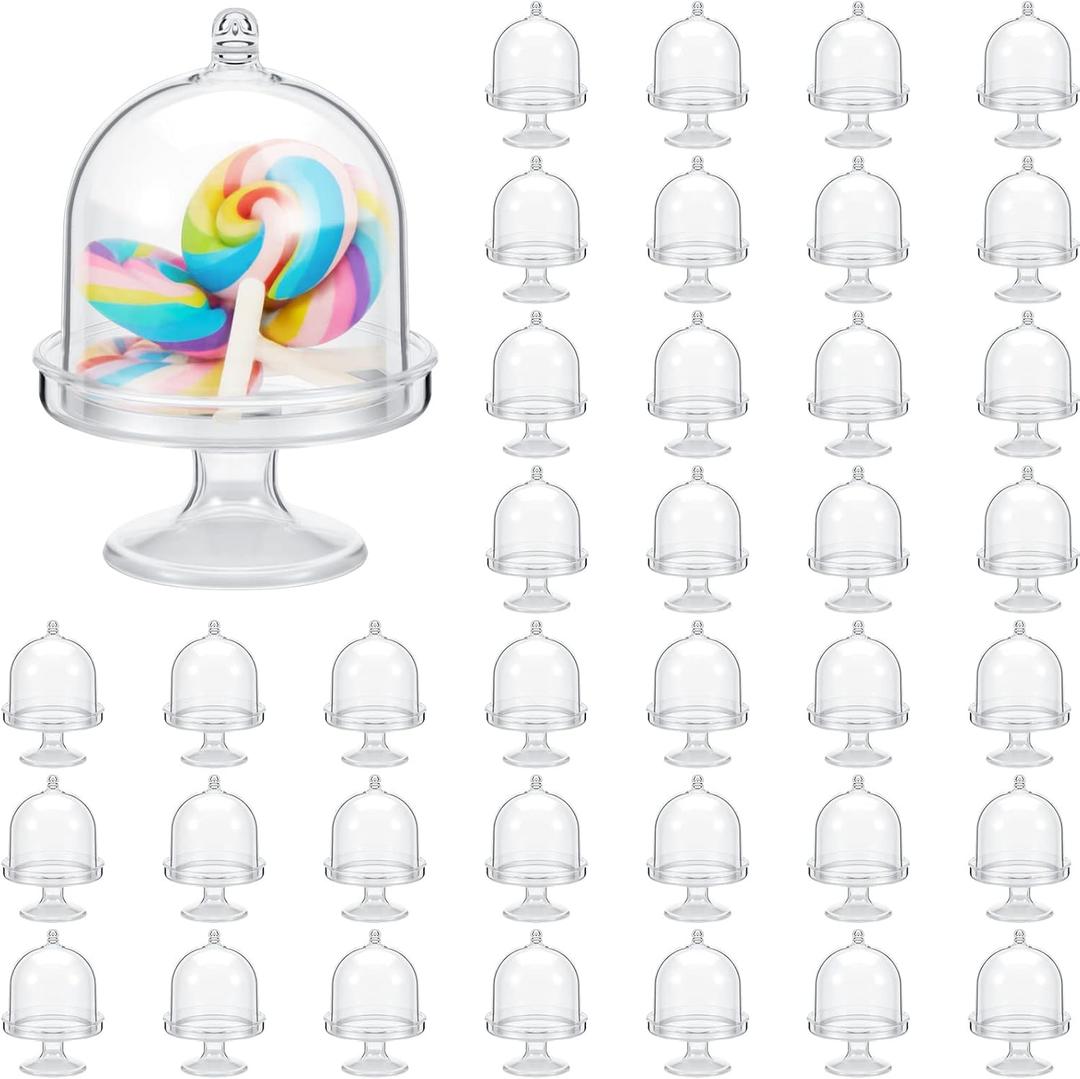 Tessco for you 48 Pcs Plastic Mini Cake Stand with Dome Lid Cover Clear Small Cupcake Display Holder Crystal Pedestal Stand Chocolate Candy Dessert Containers for Wedding Birthday Party (Clear)