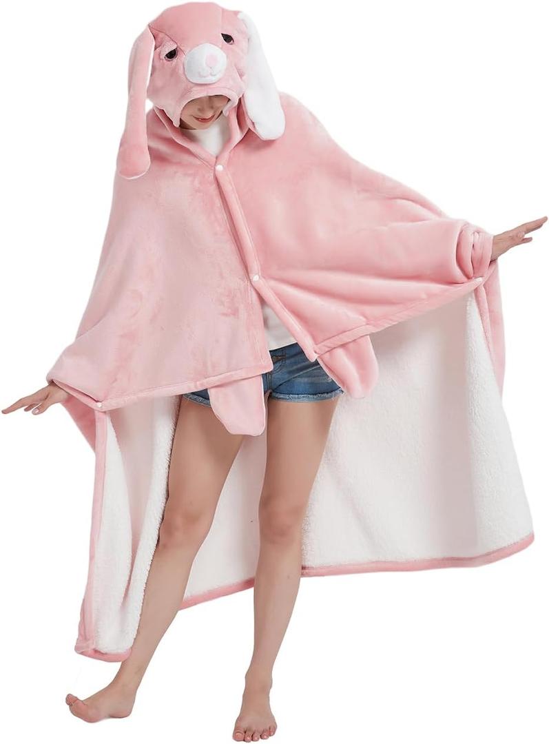 NAFLEAP Wearable Hooded Blanket for Adult Kids, Animal Blanket Hoodie Women Girl Fleece Sherpa Christmas Gift (Adult Pink Bunny)