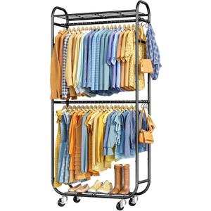Stylish Clothes Rack - Rust-Proof Clothing Rack with Shelves, Hangers, Removable Hooks, Anti-Tip Wardrobe Closet with Lockable Wheels & Wall Anchor for Bedroom, 33.0" x 12.6" x 78.7", Black