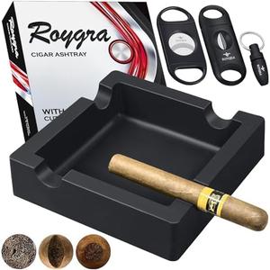 roygra Outdoor Ashtray, Ash Tray Outdoors, Cigar Ashtray for Outside Patio with 3 Cutters, Silicone Ashtrays for Outdoors with 4 Holder, Cigars Smoking Accessories for Men, Home Décor Smokers Indoor