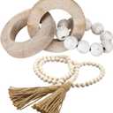 2 Pieces Decorative Wood Knot Link Chain Decor and Bead Garland Set Farmhouse Aesthetic Natural Wooden Knot Chain Link Wood Bead for Boho Country Home Table Decor(Classic Colors)
